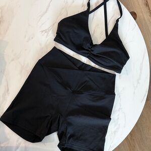 Kamo Fitness Black Strappy Sports Bra and High-Waist Bike Shorts Set